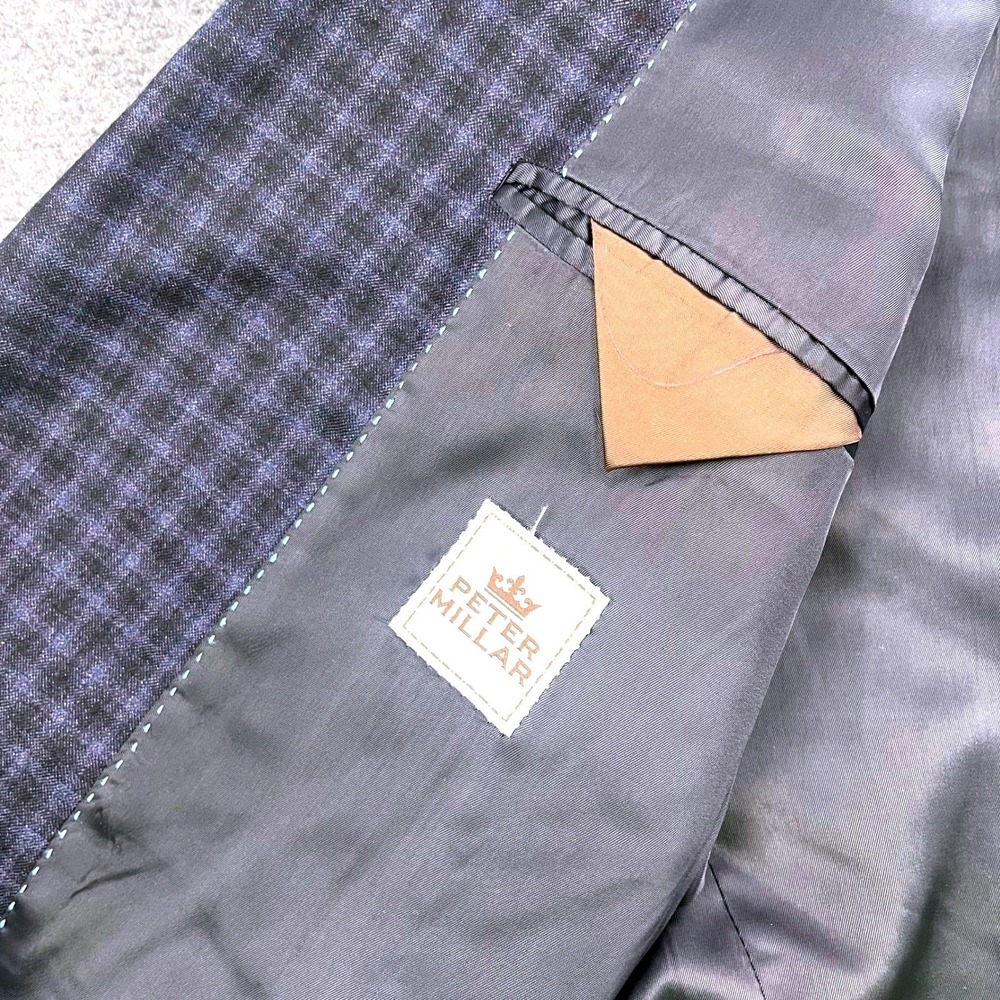 Peter Millar Mens 44L Wool Cashmere Blazer Sport Coat Navy Blue Gingham Check - Picture 3 of 8